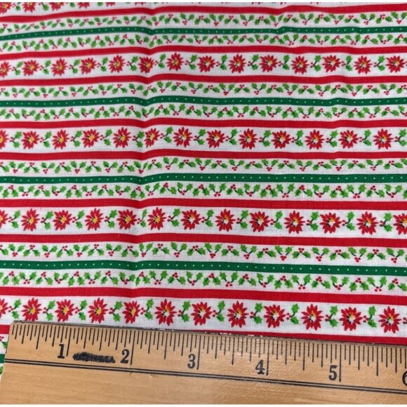 Christmas Striped Fabric Poinsettia & Holly 1/2 yard x 38" Red/Green Cotton Quil - Picture 2 of 10
